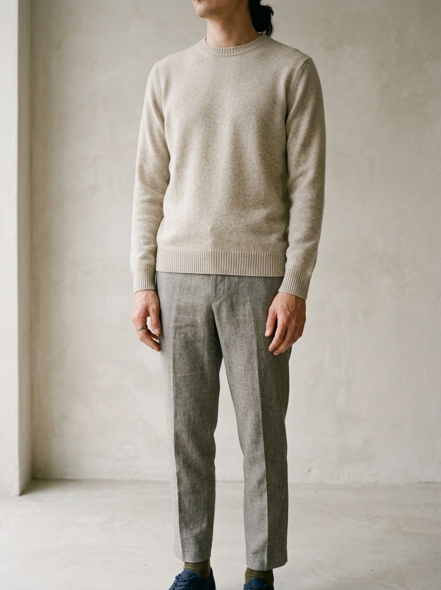 Aske merino crew jumper in oat, worn and cropped at the chin, against a pale plaster wall