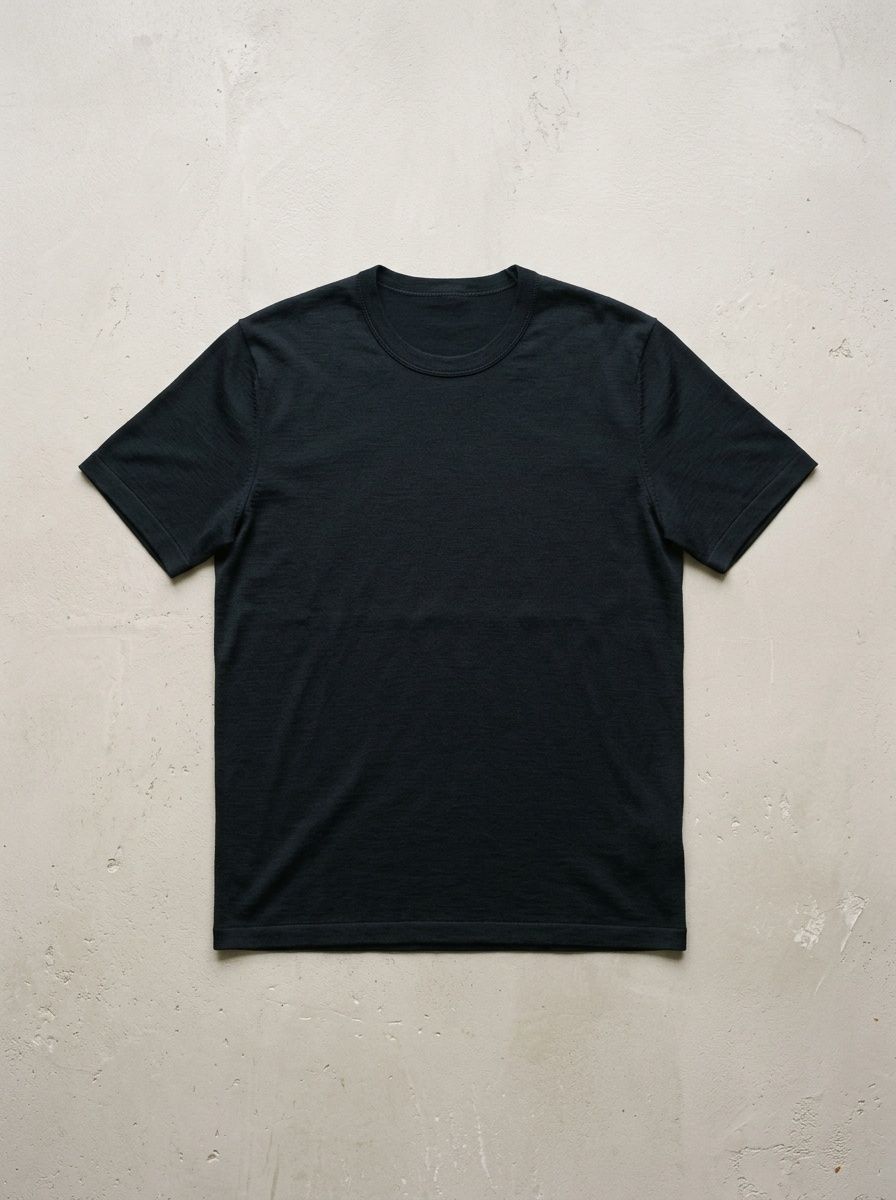 Tove merino tee in ink laid flat on a pale surface in front of a plaster wall